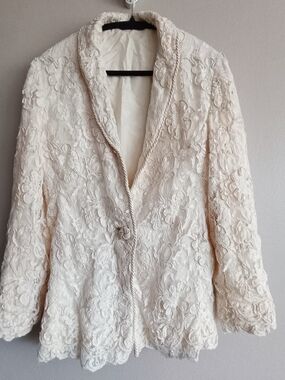 Vtg Custom 3D Ribbon Floral Lace Blazer Jacket Silk Lined Cream M